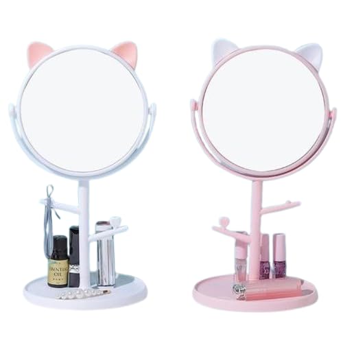 Cat Ear Vanity Mirror with Jewellery Organiser Stand, Pink/White | Detachable Base, Tree Branch Hooks, 360° Rotating, Makeup Storage Tray, Tabletop Design-picture-51