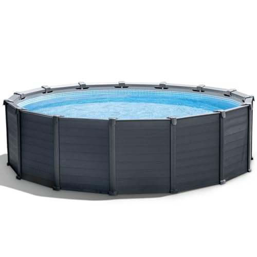 Intex GS 26384GS 26384GS - Set piscina con telaio in grafite, diametro 478 x 124 cm, con filtro a sabbia, telone di protezione per il terreno, scala di sicurezza, colore: grigio