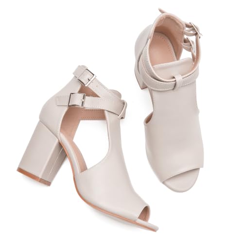 Image of Women's Peep Toe Sandals Side Cutout Chunky high Heel Adjustable Buckle | Summer booties, dressy, breathable, stacked, wide footbed, non-slip, ankle strap, all-day comfort, for parties, casual, work