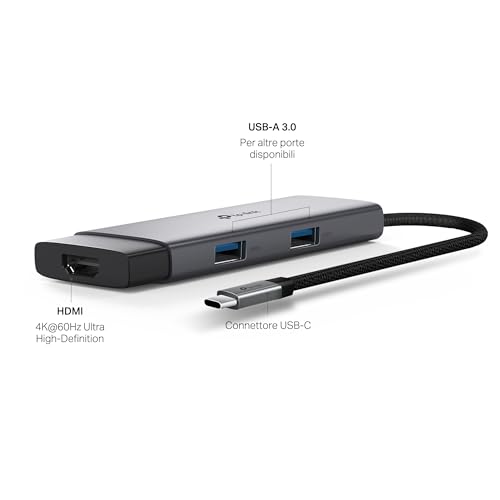 UH5020C Hub USB-C 5 in 1, HDMI 4K@60Hz, USB-C PD Rapida a 100W, Porta USB-C+2 Porte USB-A 3.0 fino a 5 Gbps, Supporta Mac OS, Windows 11/10/8.1/8/7, Linux OS, iPadOS, iOS, Android e Chrome OS - Hub USB - Immagine 2