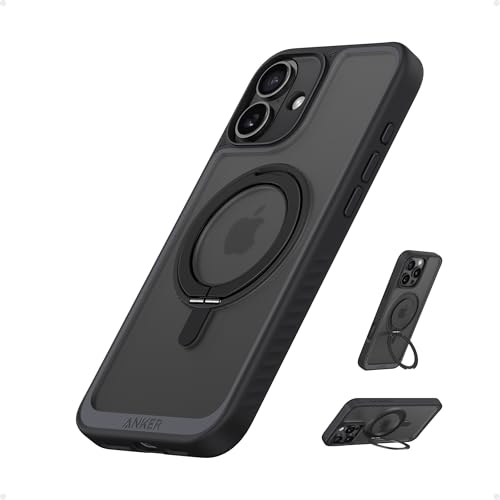 Anker FlexStand magnetisches Case für iPhone 16 Plus, 360° Ringständer, Matte und rutschfeste Schutzhülle, 17cm iPhone Hülle mit verbesserter MagSafe-Kompatibilität Schwarz iPhone 16 Plus