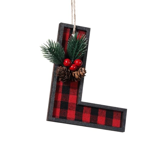 Pxniy Buffalo Plaid Pattern Monogram Christmas Ornament,Personalized Initial Christmas Tree Ornaments,Xmas Stocking Tag,Farmhouse Rustic Wooden Monogram Decoration-Letter L