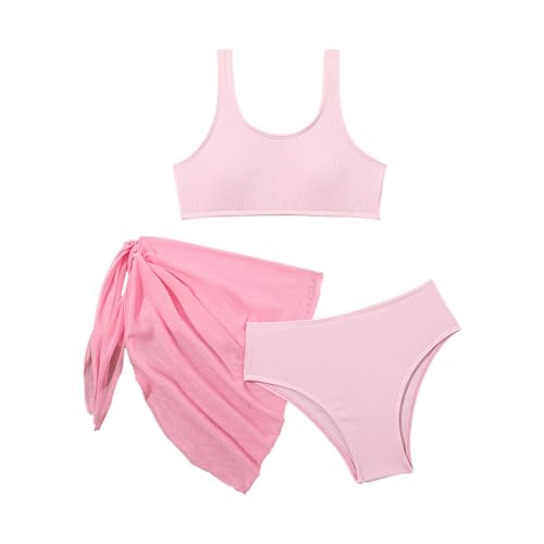 Generisch Traje de baño para niña, talla 38, con cuello en V, conjunto de bikini de color bloque con funda de 3 piezas, traje de baño para vacaciones o playa, rojo, 8-9 años
