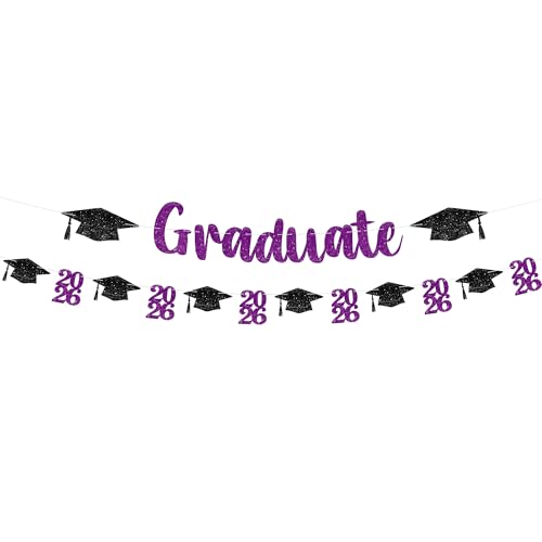 Image of Glitter Purple and Black Graduation Decorations - 10 Feet | Pre- Strung, Congratulations Graduate banner | Black and Purple Graduation Decorations 2026 | Graduation Party Decorations 2026 - KatchOn
