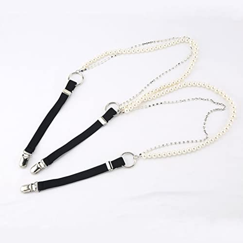 Women's Pearl and Rhinestone Chain Y Suspender with 3 Metal Clips on Belts Adjustable Elastic Braces for Lady Girls, Black2