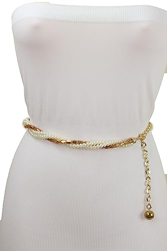 Women Fashion Skinny Belt Gold Metal Chain Twisted Braided Beads Waistband M L XL4