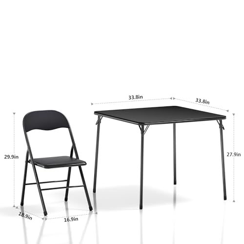 VECELO Folding Card Table and Chair Set of 5 Foldable with Padded Upholstery Tabletop, Metal, Black