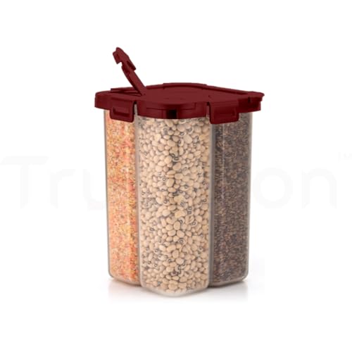 Image of SplitBox 4-Section Kitchen Food Storage Container,2000ml BPA-Free Transparent,Black Lid,Removable Divider,Freezer Safe,Stackable Space,Saving Design,For Pulses,Snacks,Dry Fruits (Maroon)