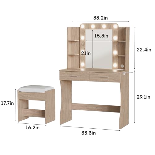 Image of Vabches Vanity Desk with Mirror and Lights,Makeup Vanity Table with Charging Station,2 Drawer Bedroom Dressing Table with 3 Colors Modes Dimming & Cushioned Stool,Natural Oak