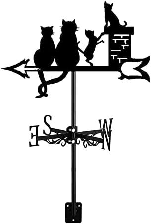 ZNEL Weathervane with Farm Iron Cat Ornament Shaped Weather Vane Wind Direction Indicator, Yard Roofs Measuring Tools Outdoor Garden Decoration,Cat~a