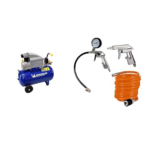 Michelin Compresseur à Air MB 5020, Compresseur à Air 50-Litres, Pression Max. 8 bars & Einhell Kit d'accessoires pour compresseur - 1 pistolet de soufflage, 1 manomètre de gonflage, 1 tuyau de 5m
