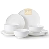 KINGSTONE 12-Piece Bone China Dinnerware Set for 4, Lightweight and Durable, Microwave and Dishwasher Safe, White Plates and Bowls for Everyday Use