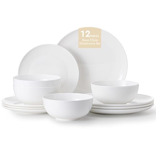 KINGSTONE 12-Piece Bone China Dinnerware Set for 4, Lightweight Porcelain Round Plates and Bowls Set, Durable Scratch Resistant Ceramic Dinner Set, Microwave & Dishwasher Safe, Ivory White