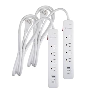 6 Ft Surge Protector Power Strip | 2-Pack | 4 AC Outlets with 3 USB Charging (A, C) Ports | 6 Feet Extension Cord LED Indicator Lights | Flat Plug | for Home, Travel | 1875j