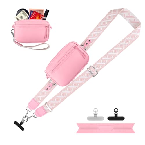 Image of YFWE Clip and Go Strap for Phone with Wallet Crossbody, Adjustable Phone Lanyard with Detachable RFID Wristlet Wallet, Pattern Strap, Pink(M)