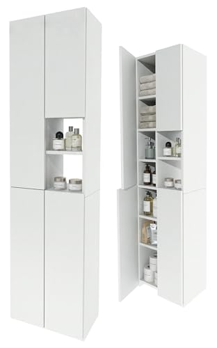 möbelkap Badschrank Hochschrank schmal stehend | Badezimmer Regal mit Stauraum | platzsparender Badezimmerschrank | Weiß