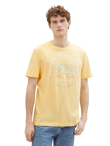 TOM TAILOR Herren Basic T-Shirt mit Logo-Print, sunny yellow finestripe, L – Ansicht 1