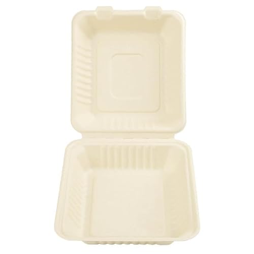 Pony Packaging 8X8 50-Pack 100% Compostable Clamshell Take Out Food Containers, Heavy-Duty Quality to go Containers, Natural Disposable Bagasse, Eco-Friendly Biodegradable Made of Sugar Cane Fibers