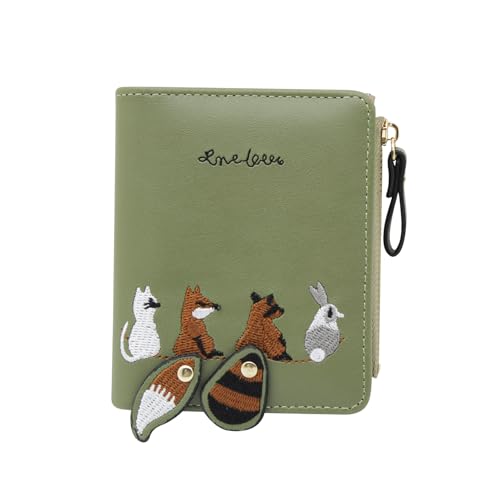 Women Wallet, PU Cute Credit Card Wallet with Zipper and Snap, Bi-fold Wallet with Embroidered Pattern for Traveling, Working(Green)2