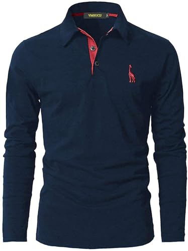 VMSUCIJ Polo Manga Larga Hombre Algodón Jirafa Bordado Shirt Clásico Golf Tenis Camiseta con Bolsillo,09-azul2,XL