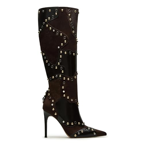 Knee High Boots Women Rivets Fall Tall Boots Pointed Toe Stiletto High Heels Side Zipper Party Dress Shoes