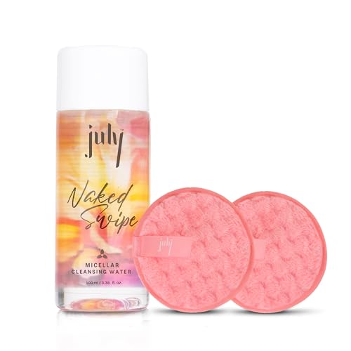 Image of July Micellar Cleansing Water 100ml With Makeup Remover Pad (Pink, Small) | No Rinse Makeup Remover Cleanser | Removes Daily Stubborn Makeup, Waterproof Makeup, SPF & Impurities | All Skin Types