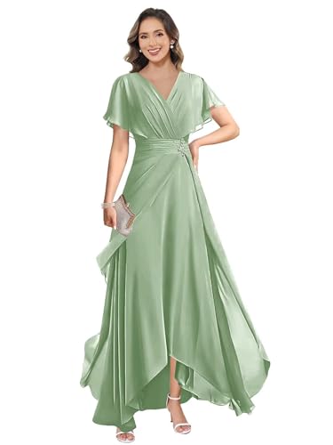 Chiffon Mother of The Bride Dress with Sleeves V-Neck A-Line Formal Wedding Guest Dresses for Women