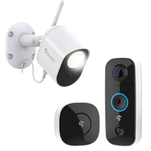 Toucan CCTV Camera Systems Outdoor Security Bundle - Security Light Camera + Wireless Video Doorbell with Chime - IP56 Weather Resistant, Night Vision, HD Recording