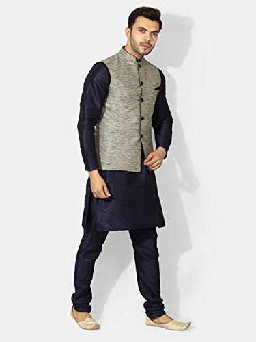 Image of UnM Men's Art Silk Uri and MacKenzie Navy Blue Kurta Pyjama with Grey Jacket (42)