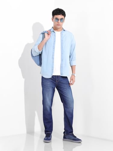 Image of The Indian Garage Co Men Slim Straight Fit Solid Mid-Rise Stretchable Jeans