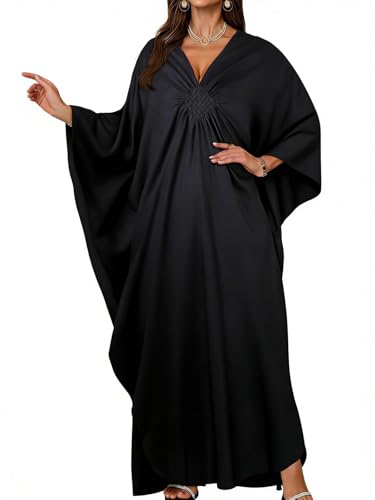 JILUVIN Kaftan Dresses for Women Plus Size V Neck Caftans Long Batwing Sleeve Beach Cover Ups Summer Floral Print Dress 2026 (Black One Size)