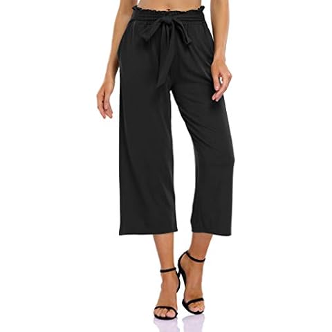 GlorySunshine Women's Elastic Waist Solid Palazzo Casual Wide Leg Pants Pockets, Dense Black-2, X-Large Cover