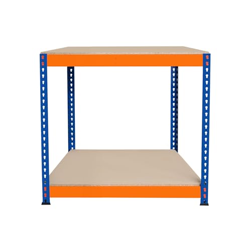 S-Rax 2-stufige Werkbank 90cm x 60cm x 90cm | 300kg/Regal & 6 verstärkte Stützbalken | Werkstatttisch Arbeitstisch | Stahl, Spanplatte & Gummifüße [Schraubenlos & Verstellbare Regalanordnung]