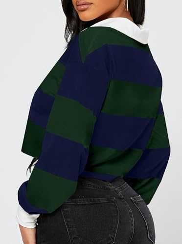 LovelyWholesale Women Striped Cropped Sweatshirts Polo Collar Long Sleeve Crop Tops2