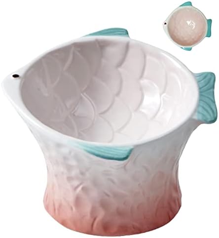 Raised Tilted Ceramic Cat Food Bowl - Cute Pink Fish Shape Elevated Slanted Shallow Angled Cat Dish - Personalized Pet Feeder for Kitty Dry Wet Treats Feeding - Ergonomic Anti Vomiting Whisker Fatigue