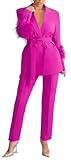 Womens Sexy 2 Pieces Double Breasted Feather Belted Blazer Jackets Bodycon Pants Party Clubwear Tracksuit Outfits Suit Set Rose Red