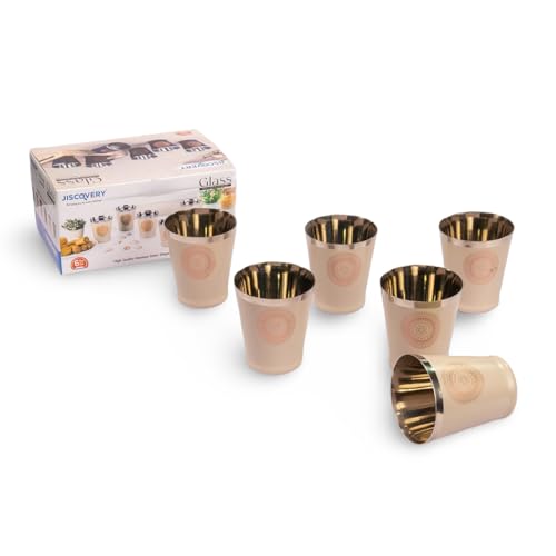 Image of JISCOVERY Stainless Steel Printed Glasses Set of 6 for Water, Milk, Lassi & Juice| Serving Glass Set| Designer Glass Tumblers| Capacity- 300 ML (Each) (Coffee, Bucket)