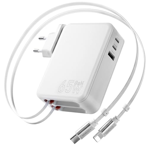 5 in 1 USB C Einziehbares Ladegerät 65W 3 Port Netzteil Schnellladegerät mit Einziehbarem Kabel GaN Mehrere Geräte Retratable Charger für MacBook Pro/Air iPhone 17-8 Serie Galaxy iPad Laptop Pixel