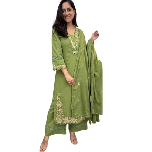 Women's Cream Color Khadi Cotton Kurti with Traditional Dancer Doll Embrodery Work, V-Neck, 3/4 Sleeves, Casual Wear Kurta Set