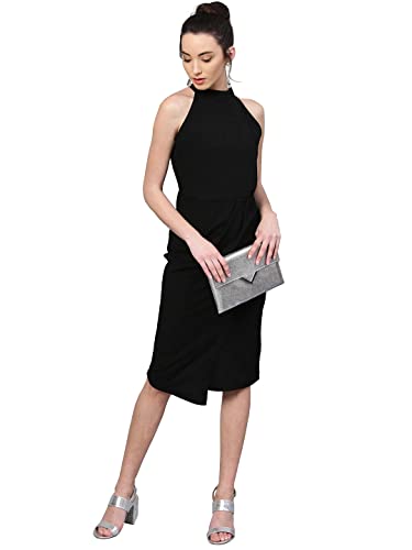 Image of Shasmi Women's Comfortable Red Halter Neck Sleeveless Solid Midi Bodycon Casual Western Stylish Dress