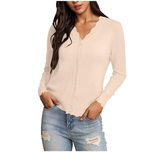 Oplxuo Women's Long Sleeve V-Neck Button Down Cardigan Knit Shrugs Sweater Lightweight Scalloped Edged Bolero Shrugs