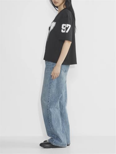 Oversized Jersey Shirts for Women Y2k Number Graphic Print V Neck Short Sleeve Aesthetic Summer T-Shirt Streetwear