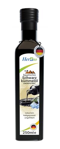 HerbBio - Aceite de comino negro egipcio prensado en frío, sin filtrar, alto contenido de THYMOCHINON, 100% natural, aceite de semilla negra de Nigella Sativa egipcia, recién molido directamente de