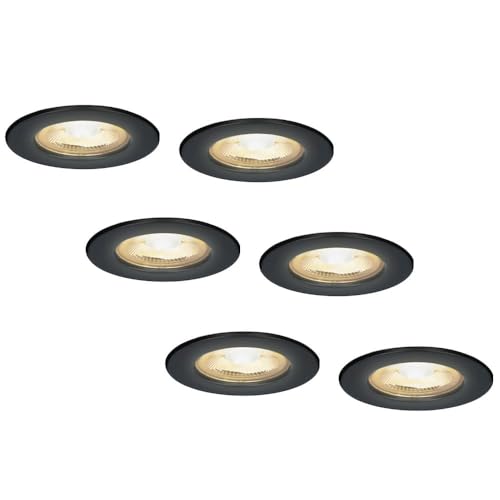 HOFTRONIC 6x Nola - LED Einbaustrahler 68mm Schwarz - IP65 Wasserdicht für Außen, Dachüberstand und Bad - 5W 480lm - 2700K Extra Warmweiß - Deckeneinbauleuchte Einbauspots