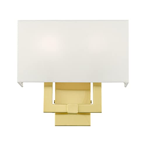 Image of Livex Lighting 51103-12 Meridian Collection ADA 2-Light Wall Sconce Light with Off-White Hardback Fabric Shade, Satin Brass, 13 x 12.5