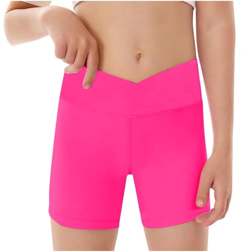 Generisch Pantalones cortos de deporte para niñas, pantalones cortos de cintura en V, leggings cortos para motociclistas, danza, gimnasia, secado rápido, Rosa intenso., 4-5 años