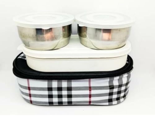 Image of Classic Lunch Box 3 Containers Stainless Steel, Plastic Office Tiffin | Made in India | Easy to Carry, Lunch Box Airtight Food Storage for School, Office, Picnic (1100 ml)