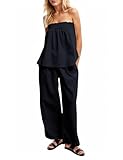 MISSACTIVER Women's Two Piece Outfit Strapless Tube Top and Beach Wide Leg Pants Set 2 Piece Lounge Set with Side Pockets