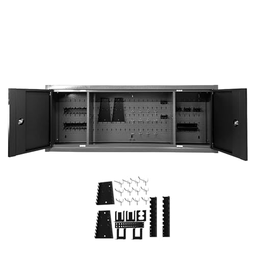 JZD Metal Wall Mount Cabinet 59" Long, Included 22 Hooks & Tool Holders, Space Saving for Workshop Storage Solutions