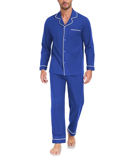 Pyjama long pour homme coton grande taille XL bleu confortable à poches